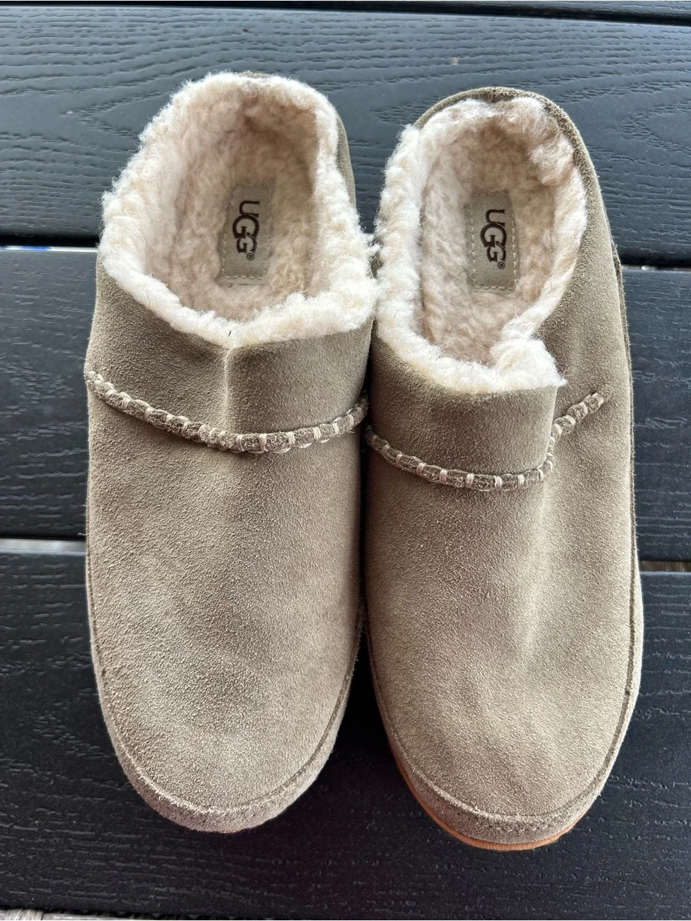 UGG Taupe Suede Shearling-Lined Slip-On Wedge Clogs